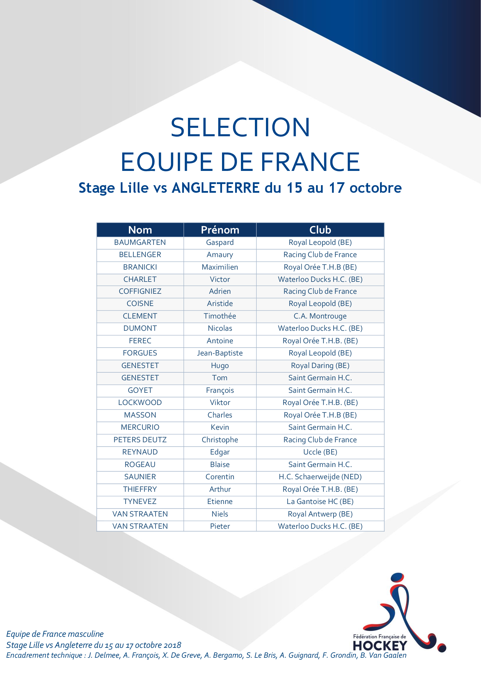 SELECTION EQUIPE DE FRANCE Matchs 15 au 17 octobre 2018 vs ENG