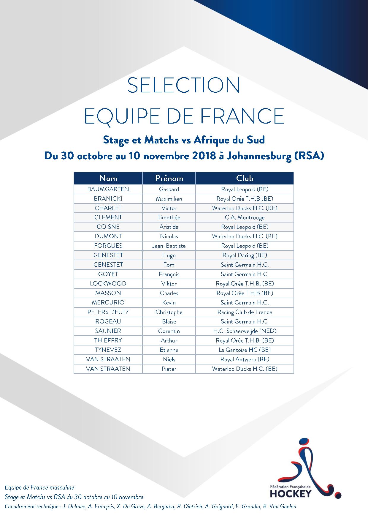 SELECTION EQUIPE DE FRANCE Stage et Matchs 1du 30 octobre au 10 novembre 2018 vs RSA