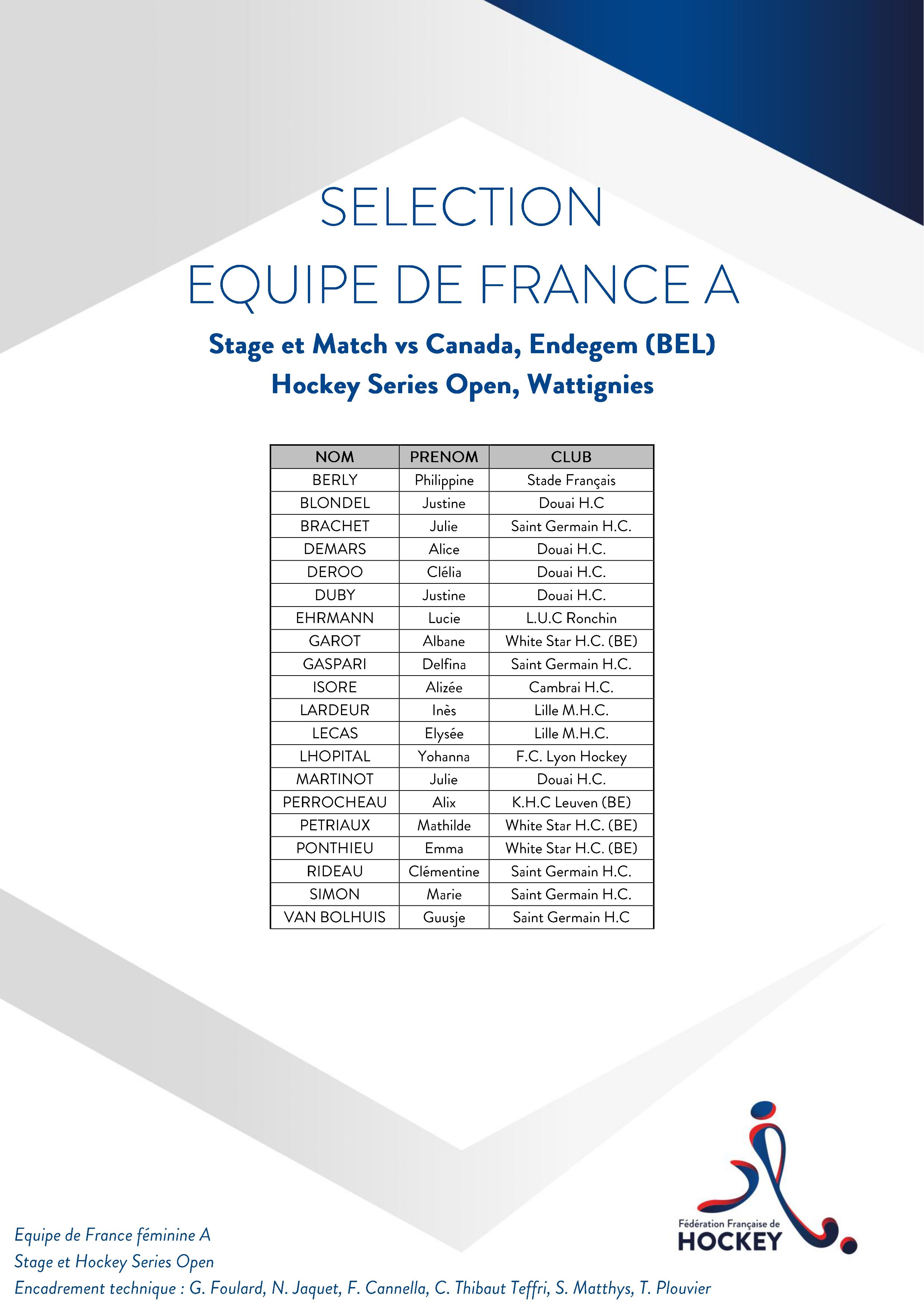 SELECTION EQUIPE DE FRANCE Hockey Series Open 30 juin au 8 juillet