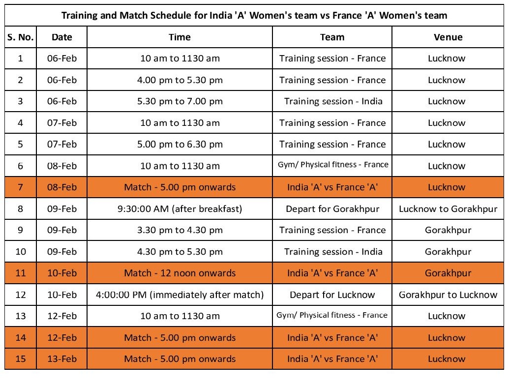 Training and Match Schedule for India A Women s team vs France A Women s team page 001