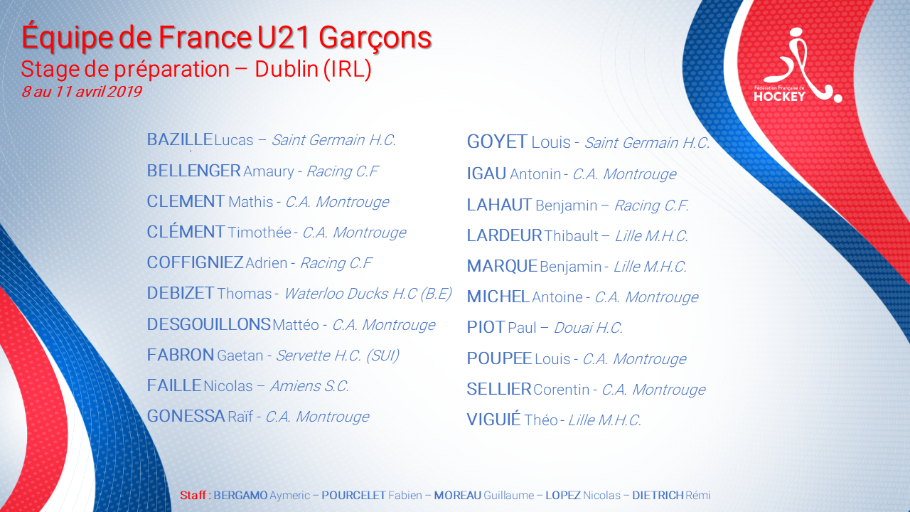 Sélection EDF U21 Garçons Stage Irlande 8 au 11 avril 2019