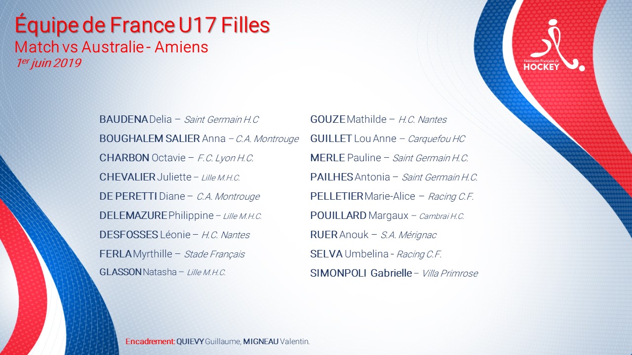 Sélection EDF U17 Filles vs Australie 1er juin Amiens