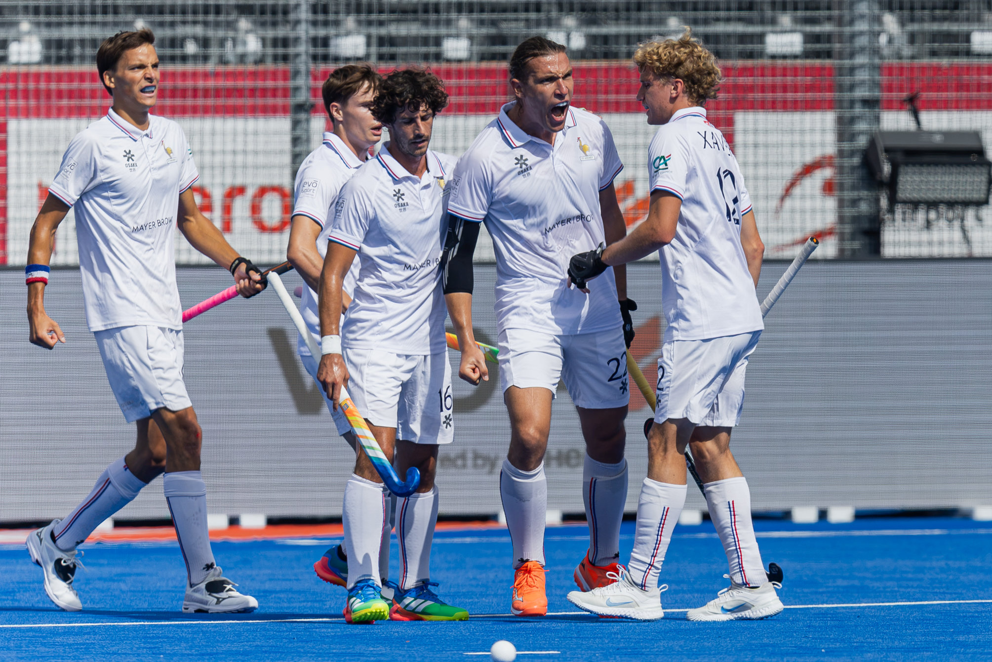 Wavre - 2026 FIH Hockey World Cup Belgium &amp; Netherlands (M)25 France v South Africa (Pool H)Picture: Victor Charlet Player of France celebrates with teammate Gaspard Xavier Player of France after scoring the team’s first goal COPYRIGHT WORLDSPORTPICS / Rodrigo JaramilloNo archive allowed