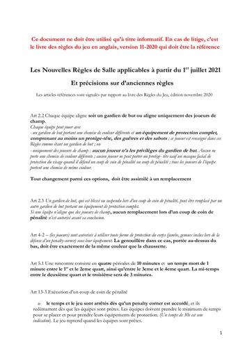 Nouvelles Règles en Salle applicables au 1/07/2021