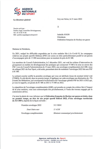 Notification enveloppe PSF 2022 FF Hockey sur gazon
