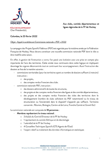 Appel candidature commission PSF 2022