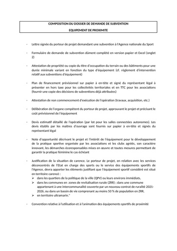 Composition du dossier de demande de subvention Equipement de proximité