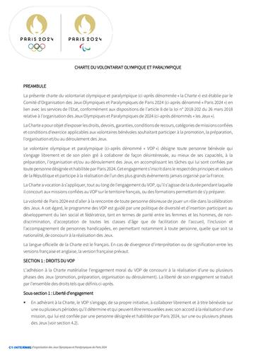 Charte des bénévoles - Volontaires Paris 2024