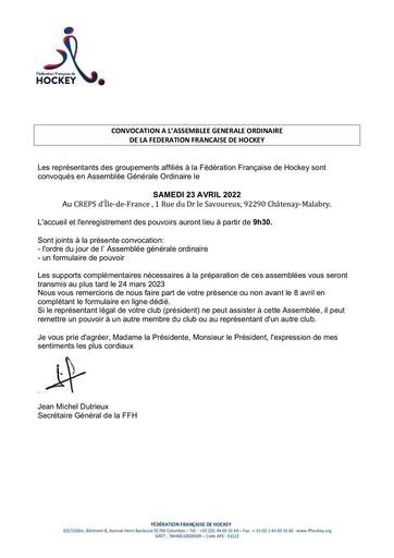 CONVOCATION A L’ASSEMBLEE GENERALE ORDINAIRE DE LA FEDERATION FRANCAISE DE HOCKEY 2023