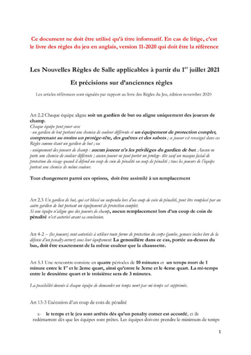 Règles en Salle applicables au 1 07 2021