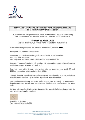 Convocation - AG 23 avril 2022