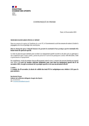 CP Mesures sanitaires pour le Sport 26 11 2021